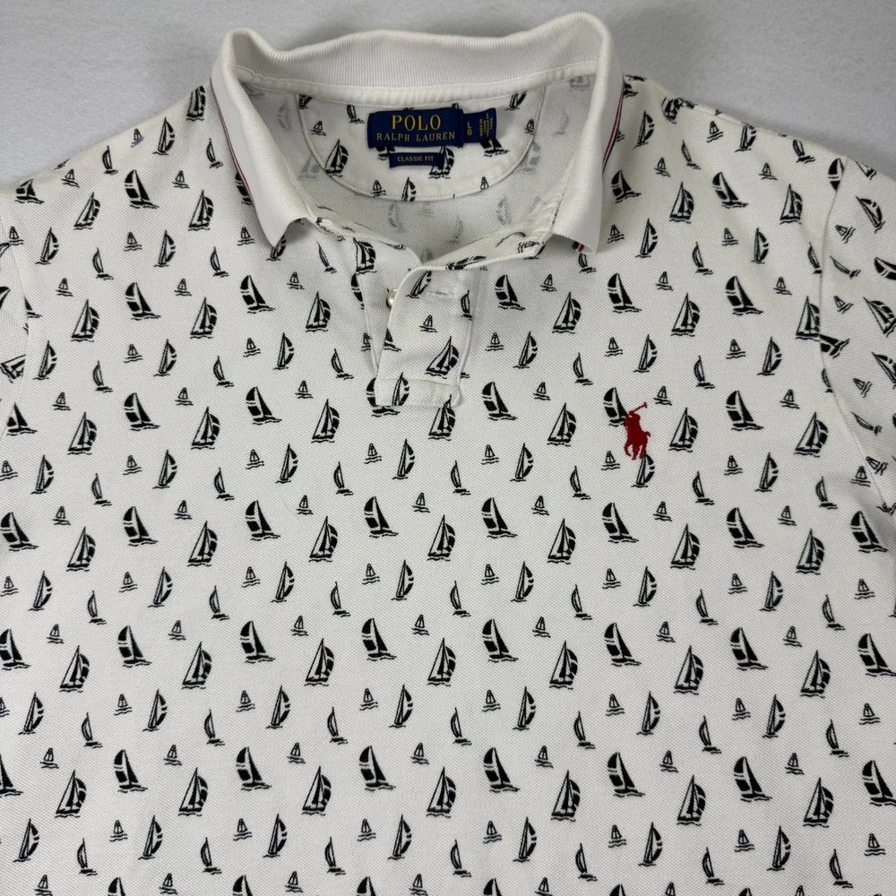 Polo Ralph Lauren Sailboat Print Polo Shirt White Large Classic Fit Nautical L